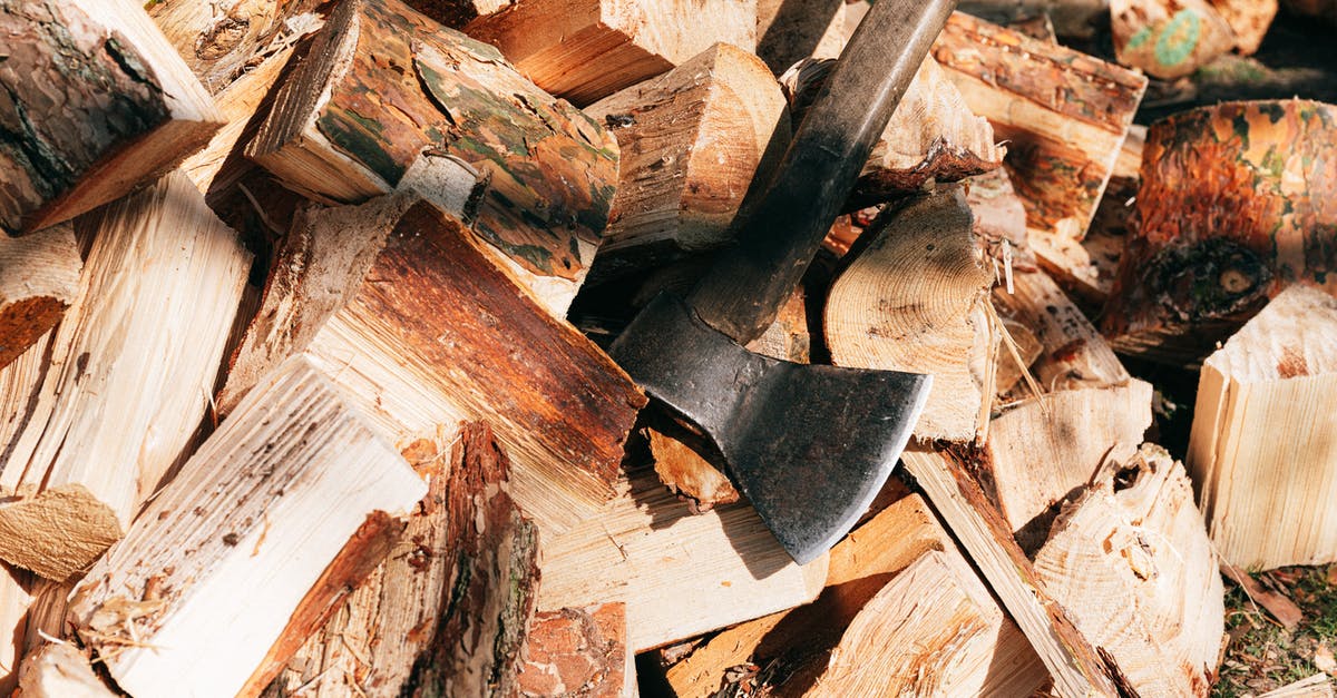 Age between mild and sharp - Old rustic axe with wooden handle and sharp cutting point placed on firewoods in forest on sunny summer day Age between mild and sharp - Old rustic axe with wooden handle and sharp cutting point placed on firewoods in forest on sunny summer day