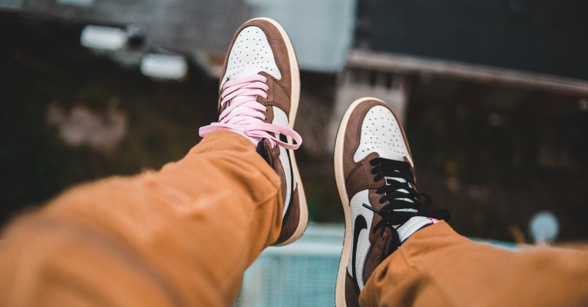 At what step is the difference made between a quesadilla and burrito? - From above of male feet in sneakers with different shoelaces above blurred street at height At what step is the difference made between a quesadilla and burrito? - From above of male feet in sneakers with different shoelaces above blurred street at height