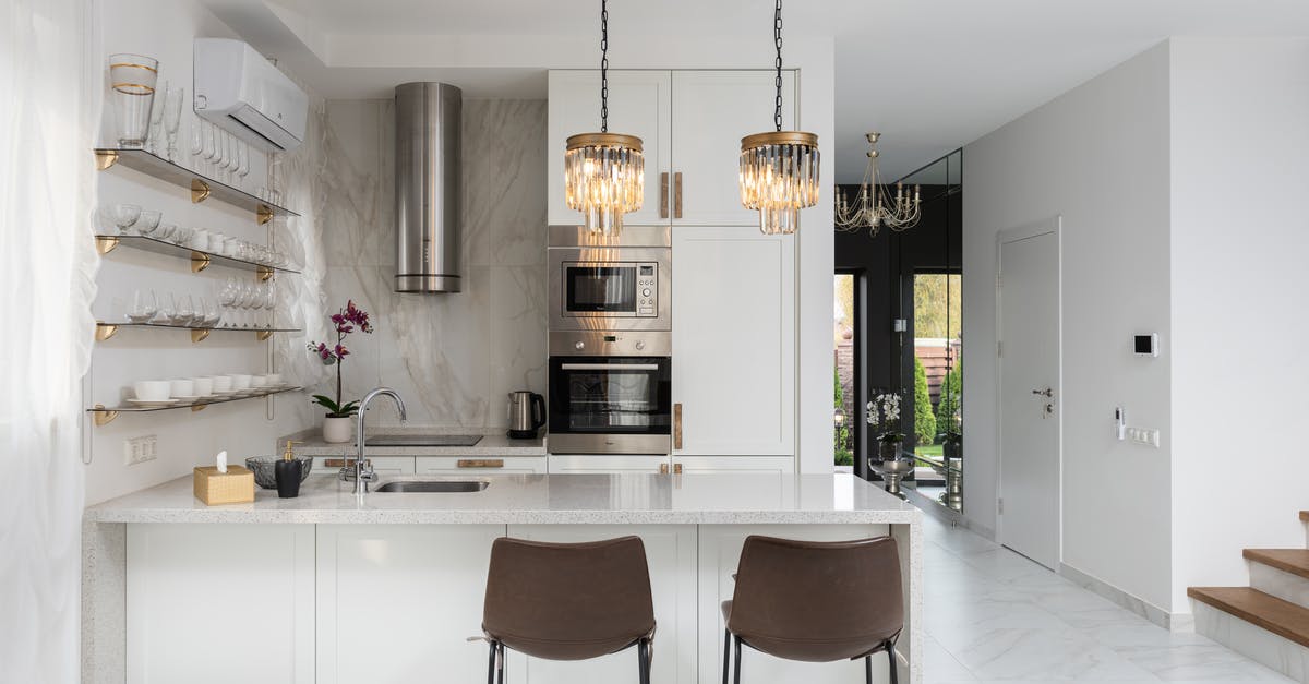 Bagels: Flat, no rise, gummy inside. Over kneading? - Interior of contemporary kitchen with modern appliances and chairs at white counter near wall with shelves in spacious apartment near stairs Bagels: Flat, no rise, gummy inside. Over kneading? - Interior of contemporary kitchen with modern appliances and chairs at white counter near wall with shelves in spacious apartment near stairs