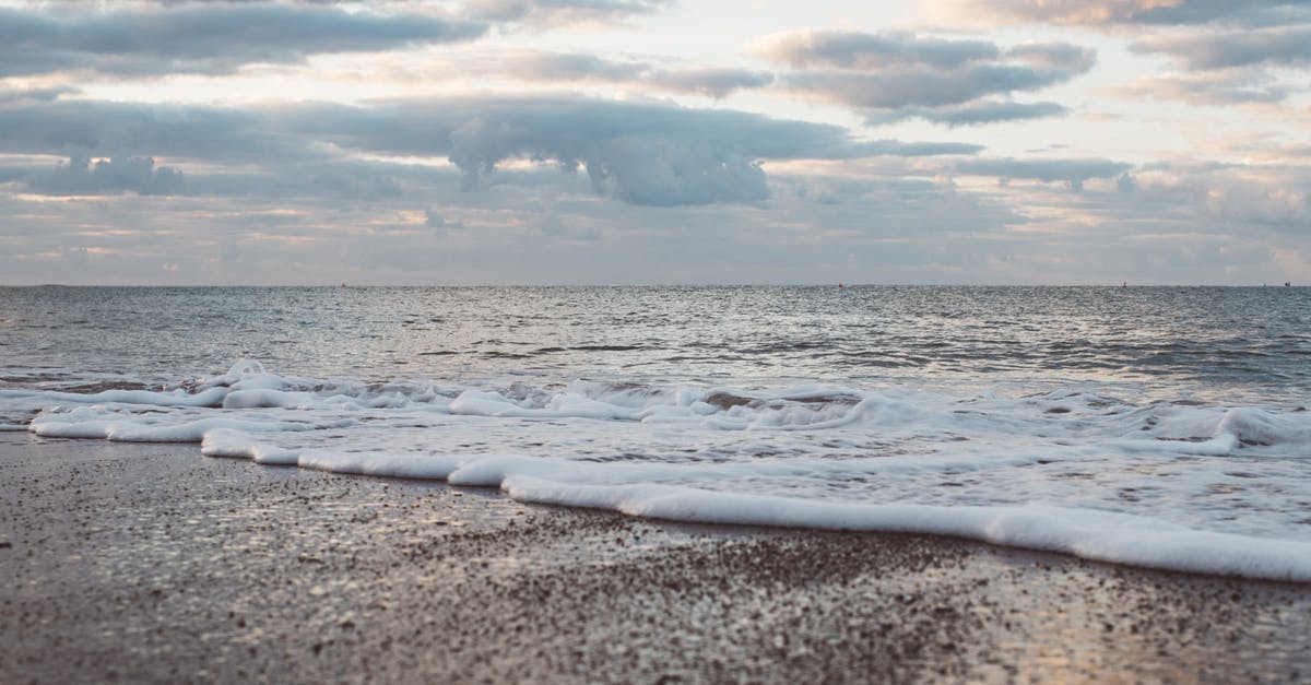 Baking below sea level - Foamy sea near sandy coast under sky at sundown Baking below sea level - Foamy sea near sandy coast under sky at sundown