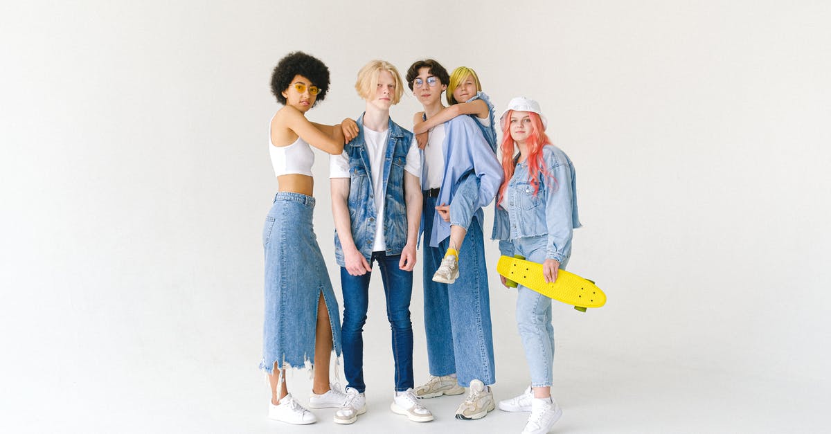 Bartenders friend left on too long - Full body group of teenager friends in jeans wear and glasses with yellow penny board on white background looking at camera Bartenders friend left on too long - Full body group of teenager friends in jeans wear and glasses with yellow penny board on white background looking at camera