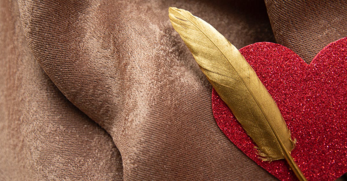 Beef: Red on the outside, brown on the inside - Top view of shiny decorative red heart with long golden feather placed on soft brown plaid during festive event celebration Beef: Red on the outside, brown on the inside - Top view of shiny decorative red heart with long golden feather placed on soft brown plaid during festive event celebration