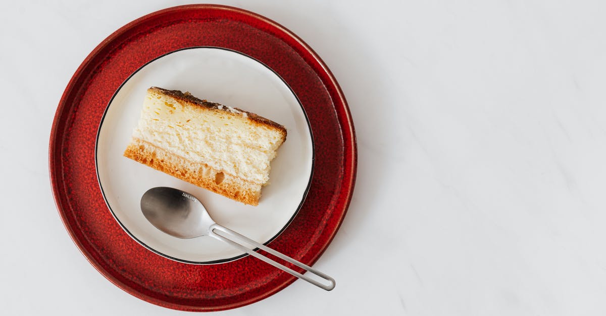 Best way to cut up a cheesecake into bites - Top view of piece of classic cheesecake served on plate with spoon on white surface Best way to cut up a cheesecake into bites - Top view of piece of classic cheesecake served on plate with spoon on white surface
