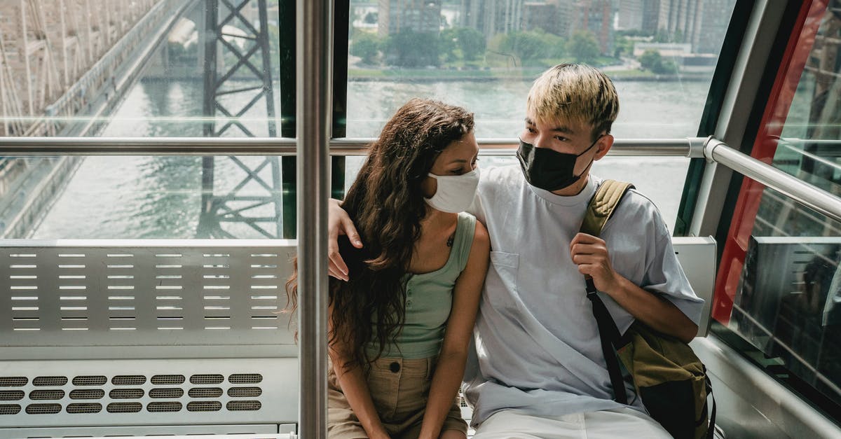 Braided bread: how to prevent ropes from springing back - Diverse couple in protective masks in funicular on ropeway Braided bread: how to prevent ropes from springing back - Diverse couple in protective masks in funicular on ropeway