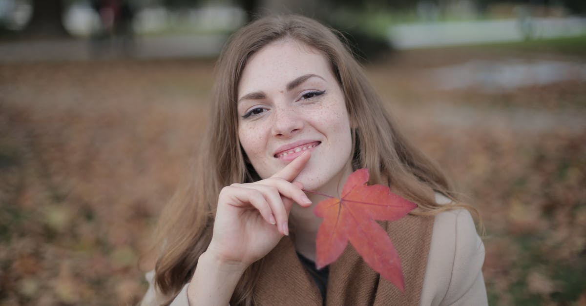 Brown Blob in natural maple syrup? - Attractive young lady in warm clothes and scarf with red maple leaf touching chin and smiling at camera against blurred environment in autumn park Brown Blob in natural maple syrup? - Attractive young lady in warm clothes and scarf with red maple leaf touching chin and smiling at camera against blurred environment in autumn park