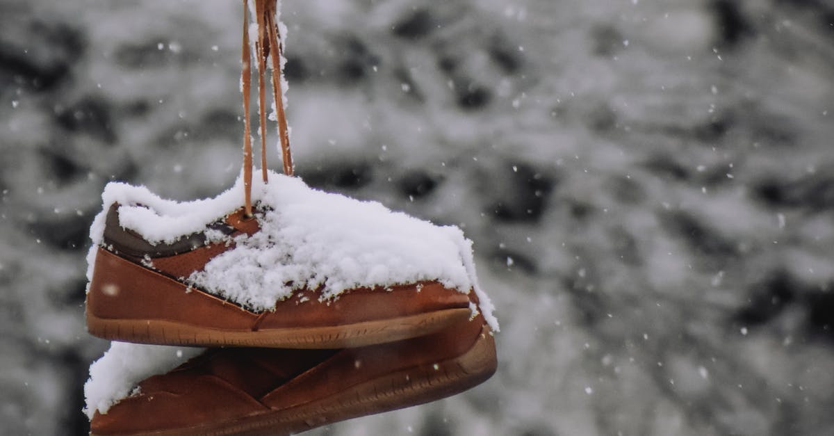 Can I still use frozen beef brisket left out at room temperature for 12 hours? [duplicate] - Brown old fashioned footwear covered with snow hanging on rope against leafless trees on blurred background on cold winter day