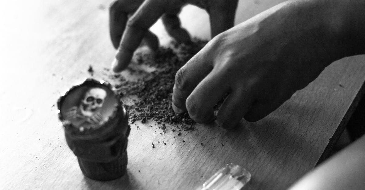 Cannabis Grapeseed Oil Infusion from Non-Decarboxylated Plant Matter - When is infusion done? - From above of black and white crop anonymous male rolling up joint with weed at table with cup with skull Cannabis Grapeseed Oil Infusion from Non-Decarboxylated Plant Matter - When is infusion done? - From above of black and white crop anonymous male rolling up joint with weed at table with cup with skull