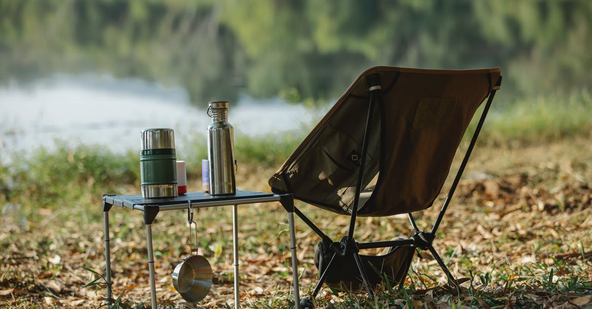 choosing a saucepan material for creams and caramels - Camping chair near table on river shore choosing a saucepan material for creams and caramels - Camping chair near table on river shore
