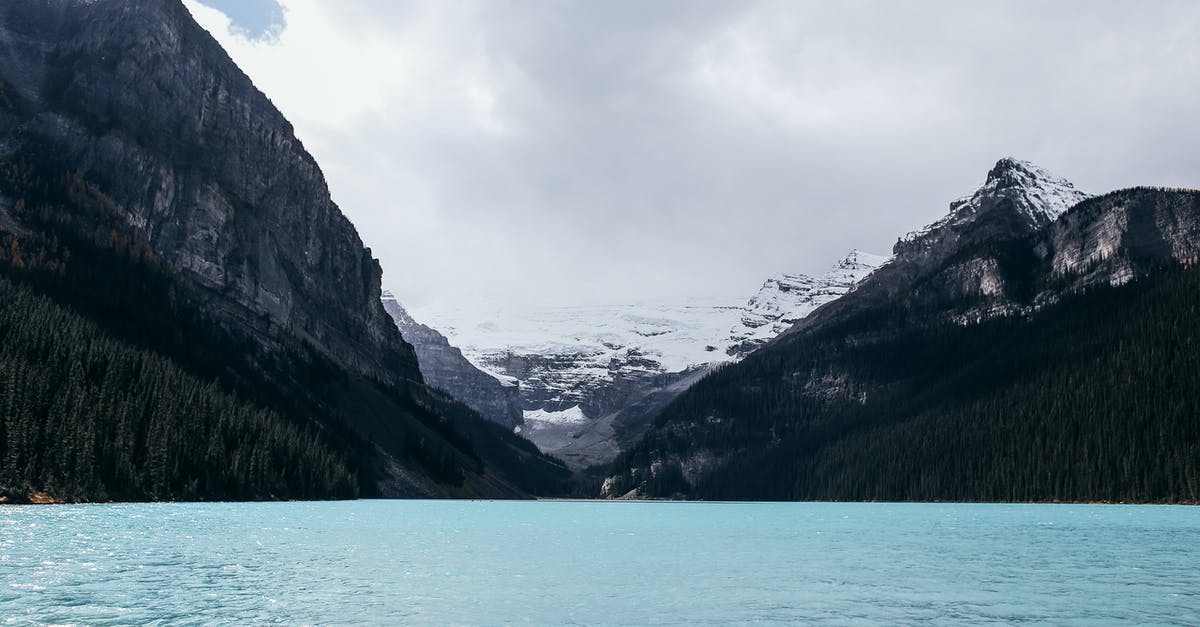 Clear soup with snow globe flakes - Calm rippling blue lake surrounded by mountains and forest Clear soup with snow globe flakes - Calm rippling blue lake surrounded by mountains and forest