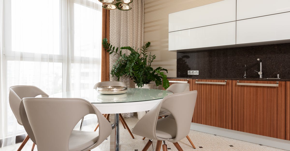 Cocktail shaker - silver plate but black on the inside - Plate on white round table with stools placed on tiled floor near green potted plant and counter with sink and wooden cupboards in dining room Cocktail shaker - silver plate but black on the inside - Plate on white round table with stools placed on tiled floor near green potted plant and counter with sink and wooden cupboards in dining room
