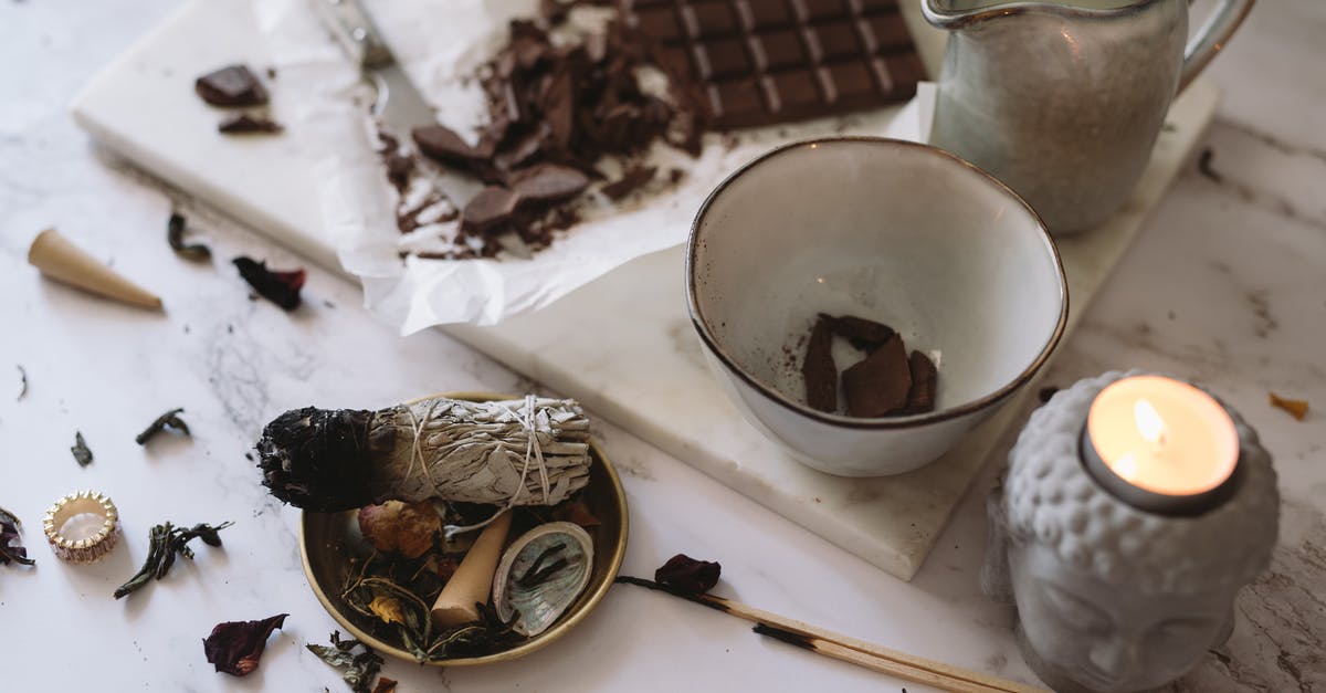 Container for keeping butter/chocolate at 74°F/66°F (23°C/19°C)? - A Burnt Incense on a Round Container Beside a Chopping Board with Chocolates Container for keeping butter/chocolate at 74°F/66°F (23°C/19°C)? - A Burnt Incense on a Round Container Beside a Chopping Board with Chocolates