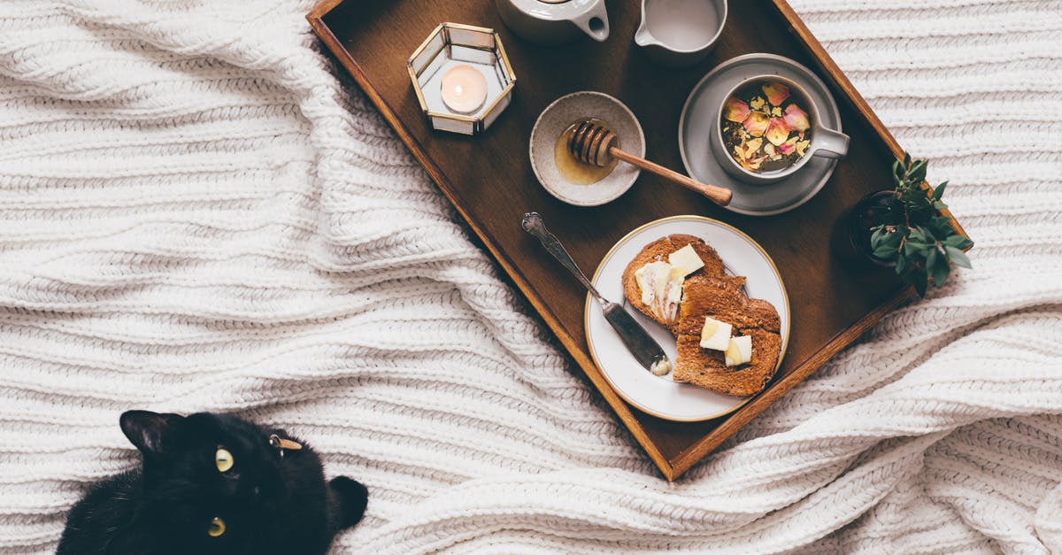 Convert to tablespoons of whipped butter - From above of wooden tray with delicious homemade breakfast near domestic cat resting on bed and looking at camera Convert to tablespoons of whipped butter - From above of wooden tray with delicious homemade breakfast near domestic cat resting on bed and looking at camera