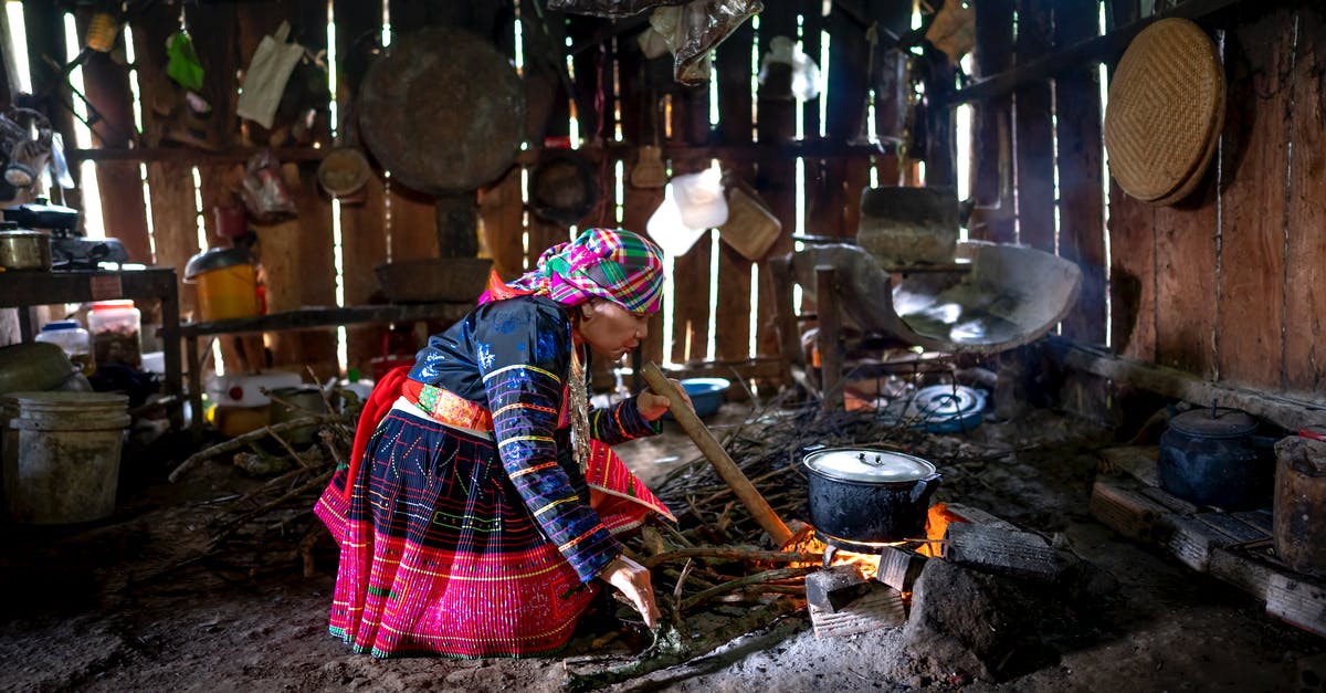 Cooking octopus: simple boil or broth? - Full body side view of adult focused female in colorful traditional suit moving wood while cooking over fire in old shed Cooking octopus: simple boil or broth? - Full body side view of adult focused female in colorful traditional suit moving wood while cooking over fire in old shed