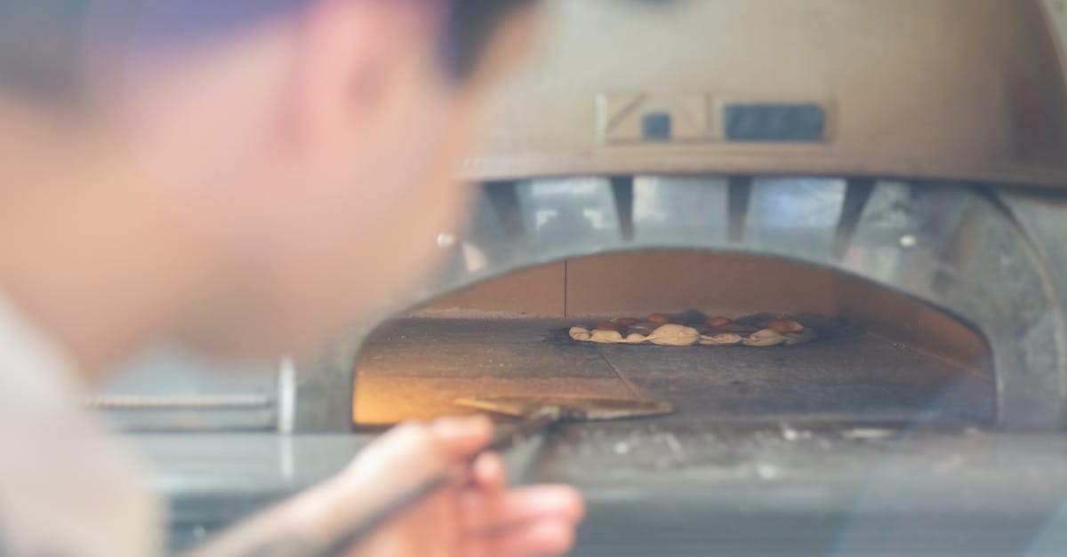 Cooking pizza in tiny gas oven with pizza stone - Man Looking into Oven Cooking pizza in tiny gas oven with pizza stone - Man Looking into Oven