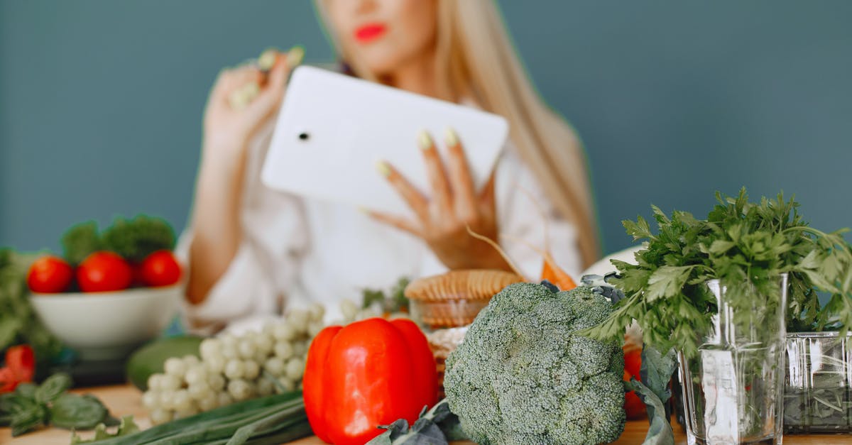 Coriander substitute? - Studio Shot of Vegetables on Table and Woman with Tablet in Background Coriander substitute? - Studio Shot of Vegetables on Table and Woman with Tablet in Background