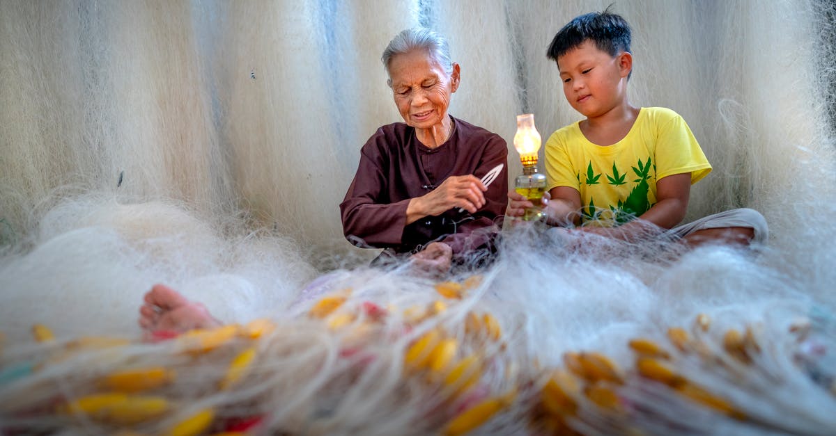 Couldn't make pesto in a blender - Focused elderly barefoot ethnic grandma with needle mending fishing net against boy with kerosene lamp Couldn't make pesto in a blender - Focused elderly barefoot ethnic grandma with needle mending fishing net against boy with kerosene lamp