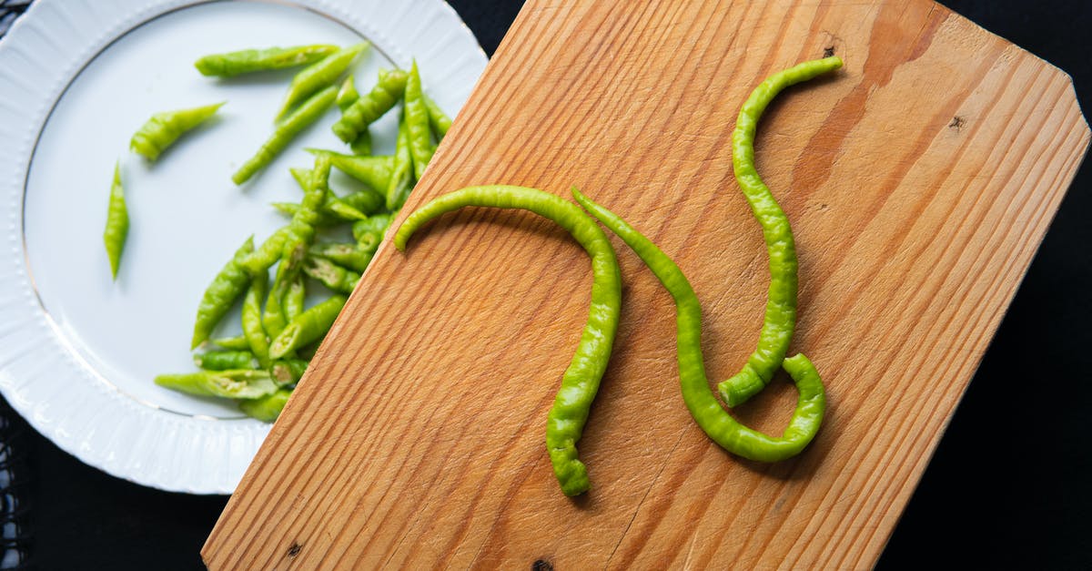 Create hot "sauce" from capsaicin extract - Green hot pepper on cutting board and plate Create hot "sauce" from capsaicin extract - Green hot pepper on cutting board and plate