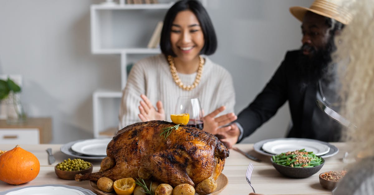 Creating a thanksgiving brine for a 7-8 lb Turkey? - Cheerful multiethnic people having dinner together at table with roasted turkey while celebrating Thanksgiving Day Creating a thanksgiving brine for a 7-8 lb Turkey? - Cheerful multiethnic people having dinner together at table with roasted turkey while celebrating Thanksgiving Day