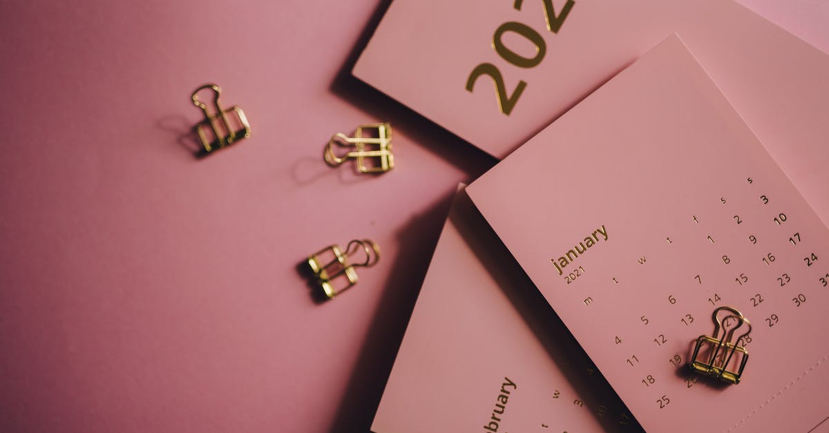 creme fraiche 1 month out of date! - Overhead view of collection of modern monthly calendars near metal clips on pink table creme fraiche 1 month out of date! - Overhead view of collection of modern monthly calendars near metal clips on pink table