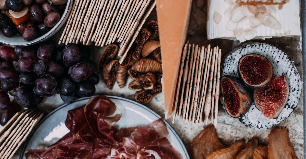 Curing fresh ham with limited ingredients - Top view of appetizing fresh fruits and meat on banquet table in cafe Curing fresh ham with limited ingredients - Top view of appetizing fresh fruits and meat on banquet table in cafe