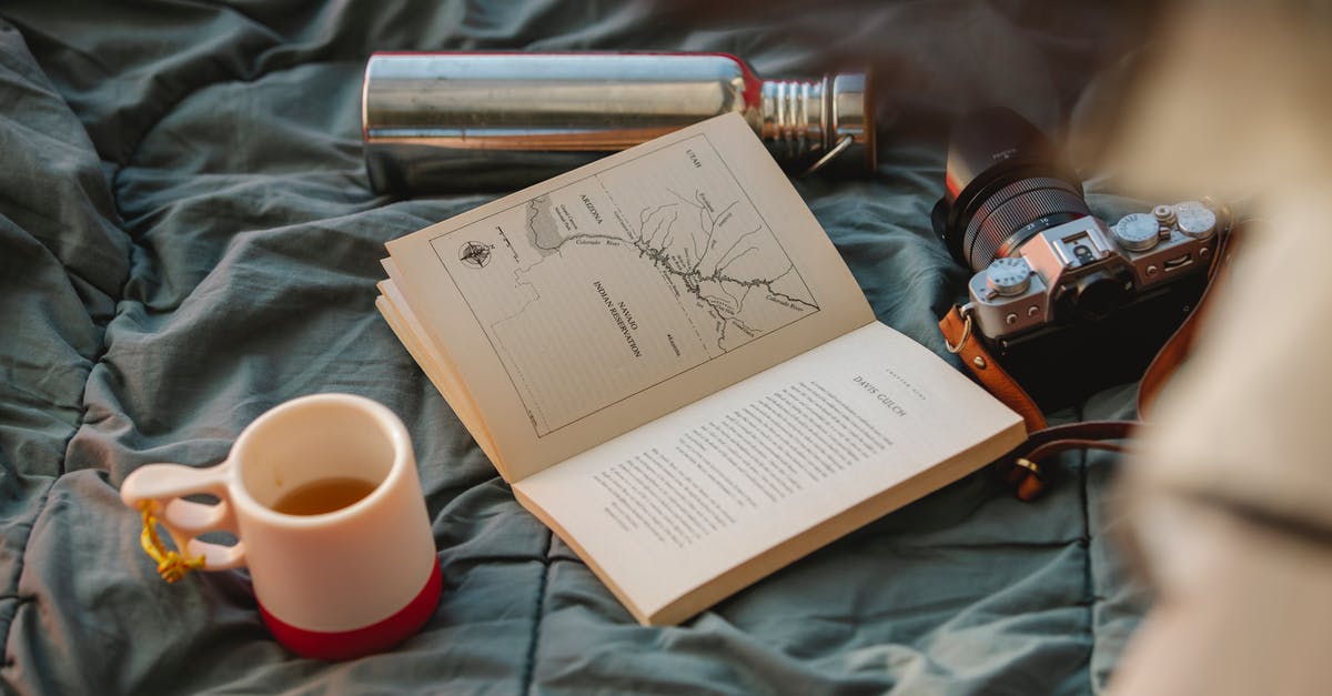 Device to install on a bottle to only spill drops - From above of open textbook between mug of hot drink and retro photo camera on crumpled fabric Device to install on a bottle to only spill drops - From above of open textbook between mug of hot drink and retro photo camera on crumpled fabric