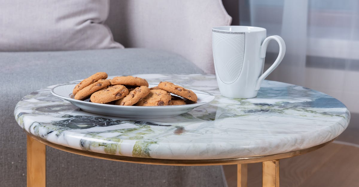Digestibility of cocoa/cacao butter in white chocolate - White ceramic mug with hot drink placed on marble table with plate of tasty cookies with chocolate Digestibility of cocoa/cacao butter in white chocolate - White ceramic mug with hot drink placed on marble table with plate of tasty cookies with chocolate