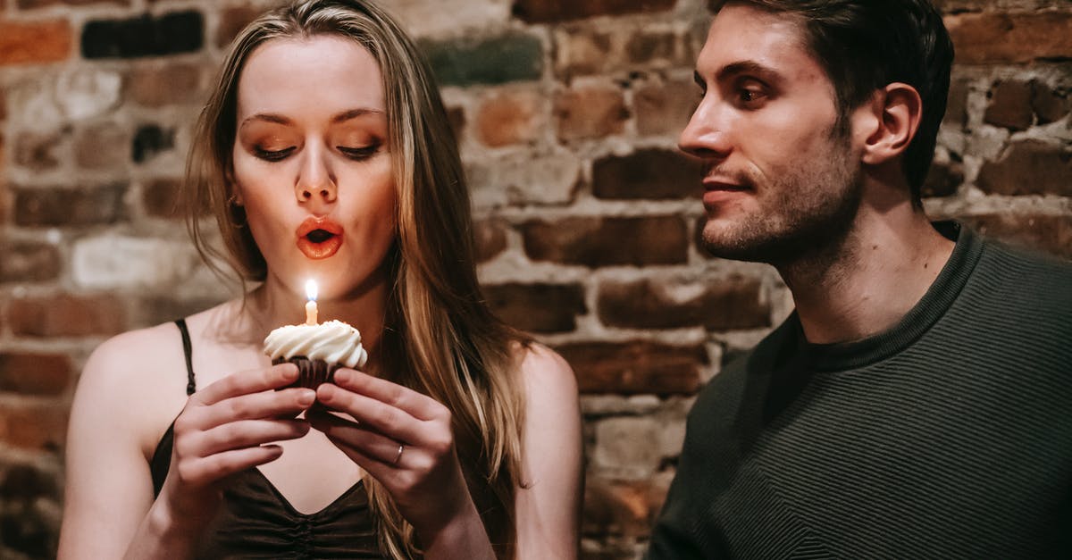 Doctoring cake mix to make it denser - Young couple in elegant outfits in restaurant while blowing in candle on small cupcake and celebrating birthday near brick wall Doctoring cake mix to make it denser - Young couple in elegant outfits in restaurant while blowing in candle on small cupcake and celebrating birthday near brick wall