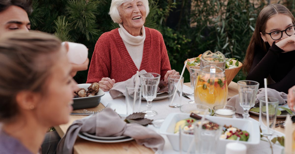 Does the biological classification of food have a relation to taste? - Smiling elderly woman with family and friends enjoying dinner at table backyard garden Does the biological classification of food have a relation to taste? - Smiling elderly woman with family and friends enjoying dinner at table backyard garden