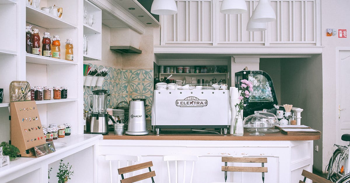 Does this tool exist? Perforated disc for making stock [closed] - White kitchen set with coffee maker and appliances in small cozy coffee shop with flowers and table in daylight
