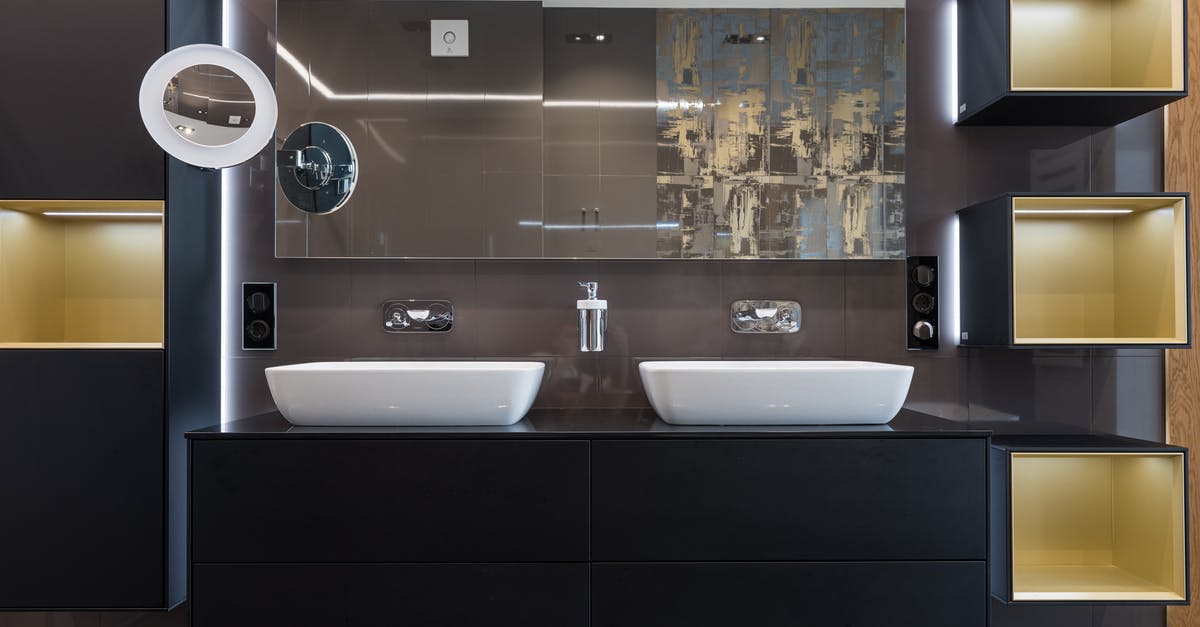 double boiler (temp?) - White sinks placed on wooden cabinet in contemporary illuminated bathroom double boiler (temp?) - White sinks placed on wooden cabinet in contemporary illuminated bathroom