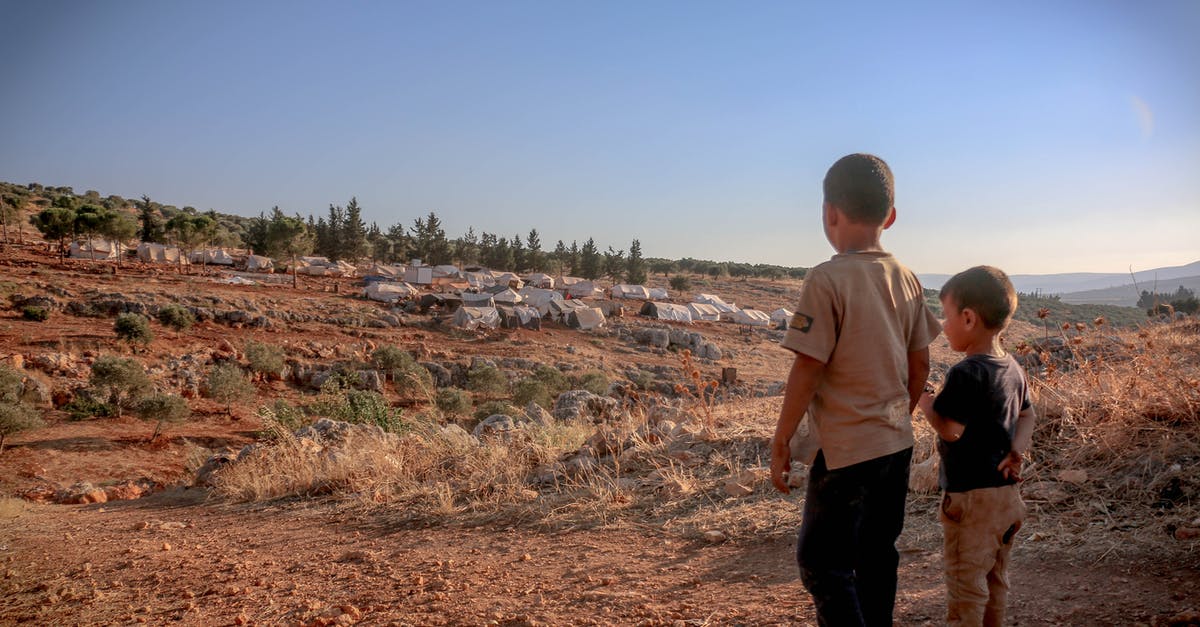 Dry cured chicken with bad odor - Back view full body of ethnic homeless kids standing on dry ground with tents at distance