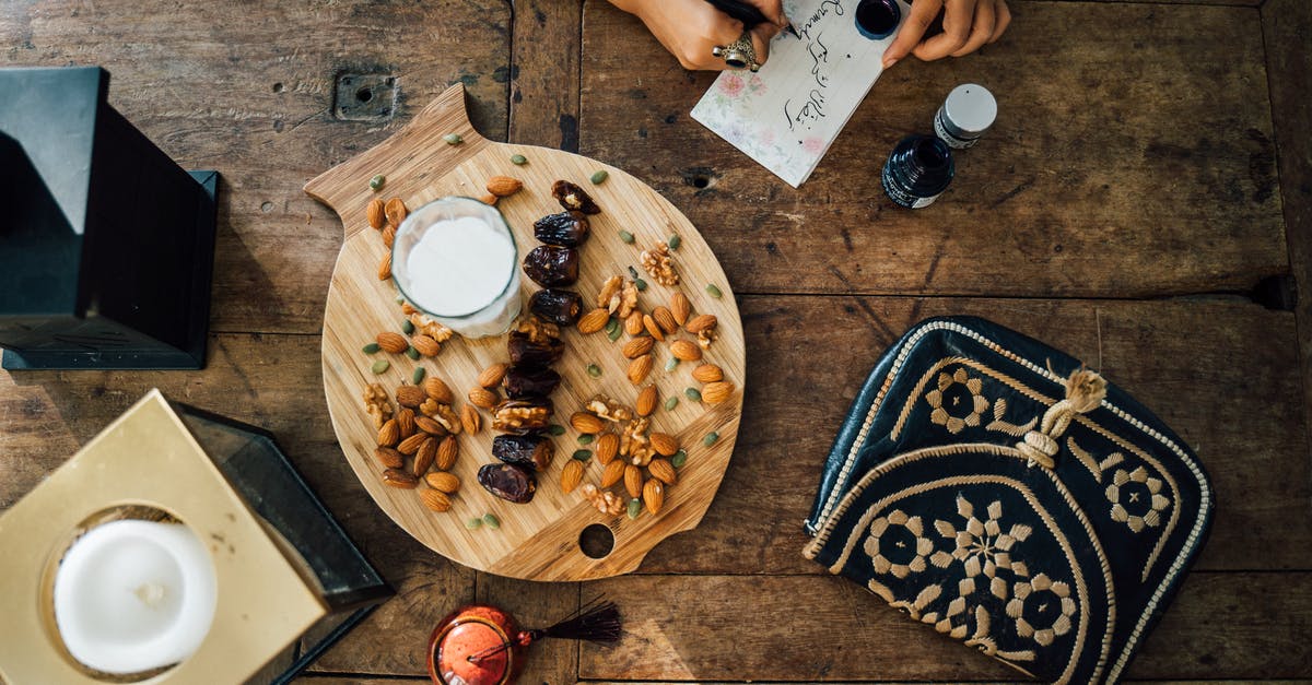 Expiration Date on Milk - A Wooden Board with Almonds and Dates Near the Person Writing on Paper Expiration Date on Milk - A Wooden Board with Almonds and Dates Near the Person Writing on Paper
