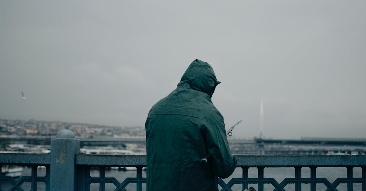 Fish balls aren't bouncy and fall apart easily - Back view of anonymous fisherman in dark green raincoat with hood standing on coast of lake behind fence and catching fish Fish balls aren't bouncy and fall apart easily - Back view of anonymous fisherman in dark green raincoat with hood standing on coast of lake behind fence and catching fish