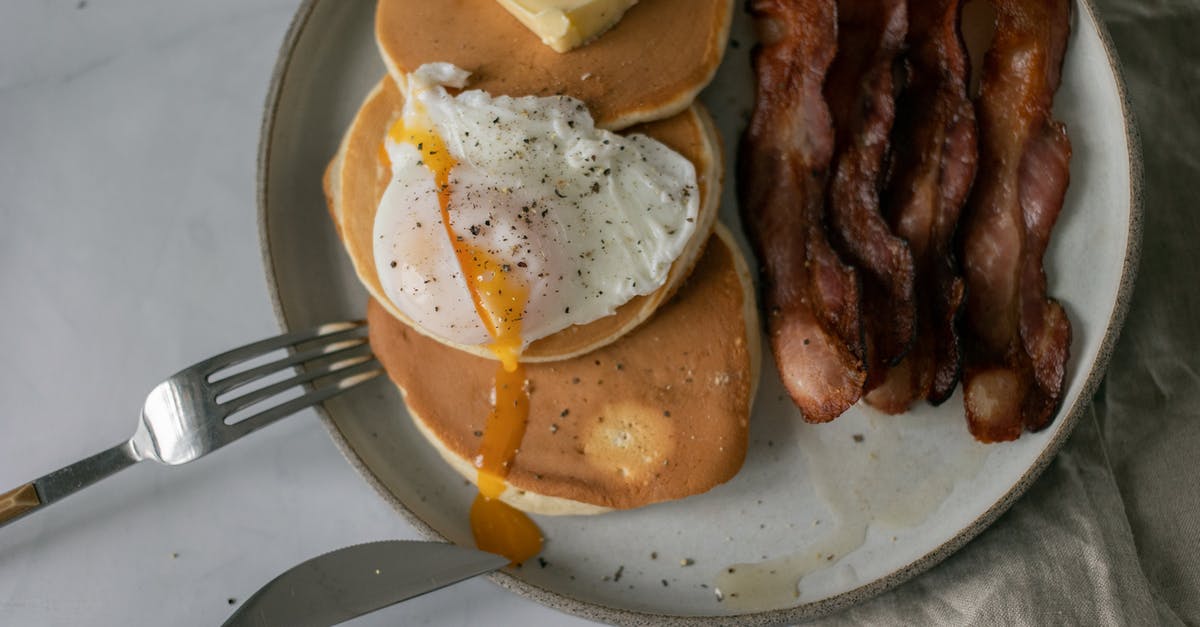 Forgotten Fried Eggs Recipe - Plate with pancakes with butter near poached egg and roasted bacon Forgotten Fried Eggs Recipe - Plate with pancakes with butter near poached egg and roasted bacon