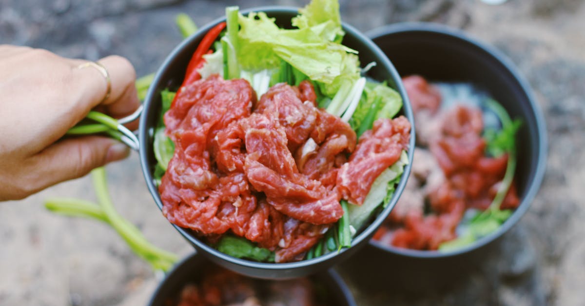 Green streaks on raw meat: is it safe? - From above of crop unrecognizable person showing small pan with fresh green salad and sliced raw beef Green streaks on raw meat: is it safe? - From above of crop unrecognizable person showing small pan with fresh green salad and sliced raw beef