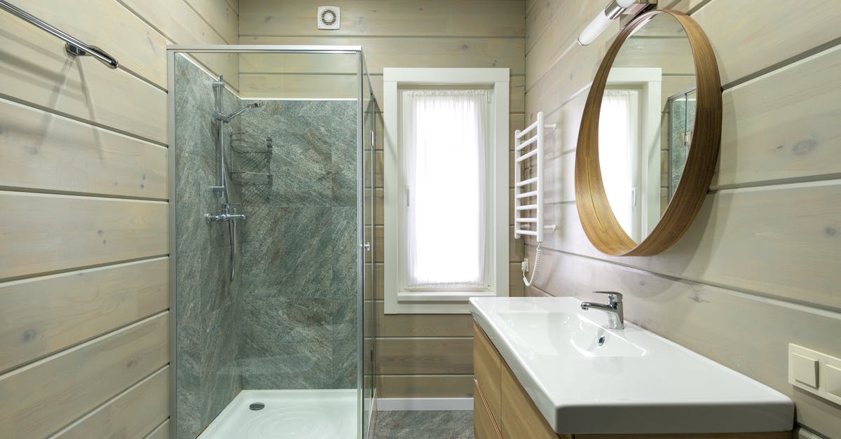 Heat diffuser for ceramic cooktop - Contemporary bathroom design with round mirror hanging above sink and shower cabin near window and paneled walls Heat diffuser for ceramic cooktop - Contemporary bathroom design with round mirror hanging above sink and shower cabin near window and paneled walls