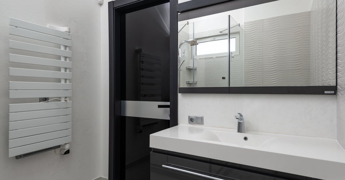 Heat diffuser for ceramic cooktop - Creative design of bathroom with door between heated towel rail and washstand under rectangular mirror in light house Heat diffuser for ceramic cooktop - Creative design of bathroom with door between heated towel rail and washstand under rectangular mirror in light house