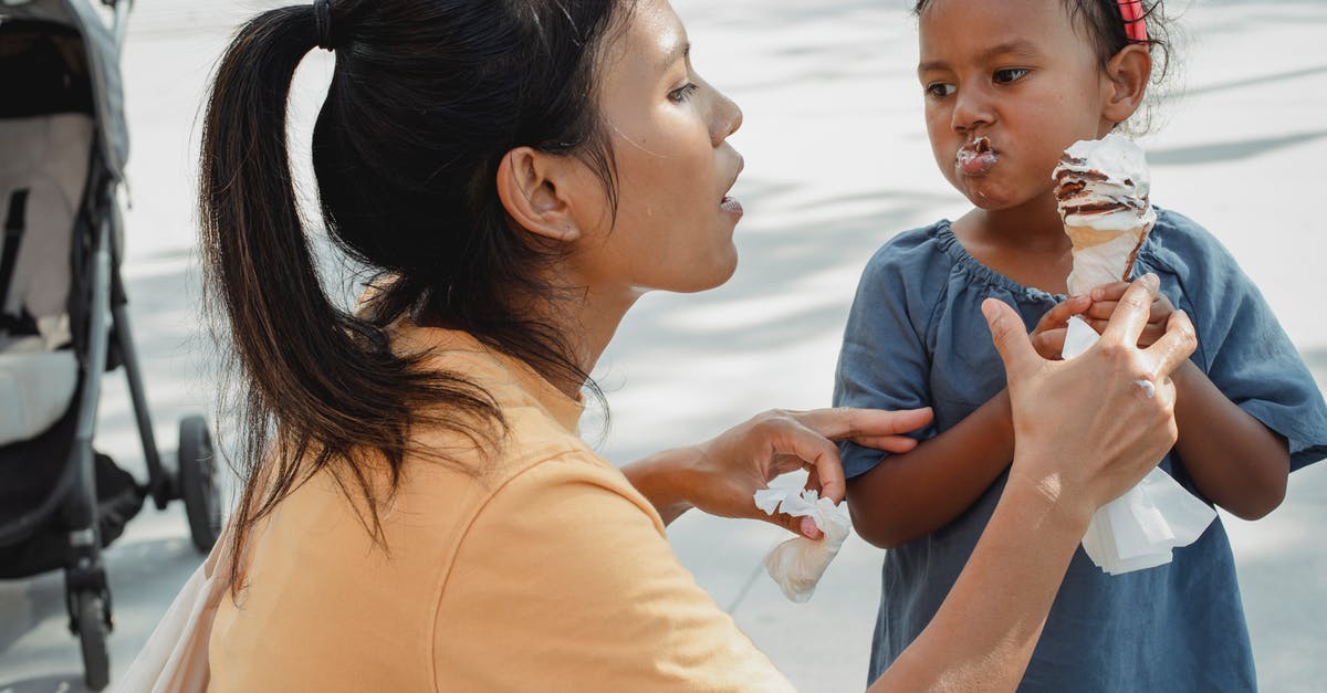 Help! Liege Waffle excessively dense - Attentive ethnic mother helping cute funny little daughter with tasty sweet ice cream cone on street in summer