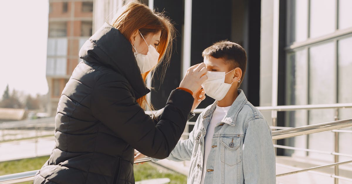 Help me fix my flatbread - Side view of adult woman in casual clothes and protective mask helping kid in denim clothes fixing protective mask on face on street Help me fix my flatbread - Side view of adult woman in casual clothes and protective mask helping kid in denim clothes fixing protective mask on face on street