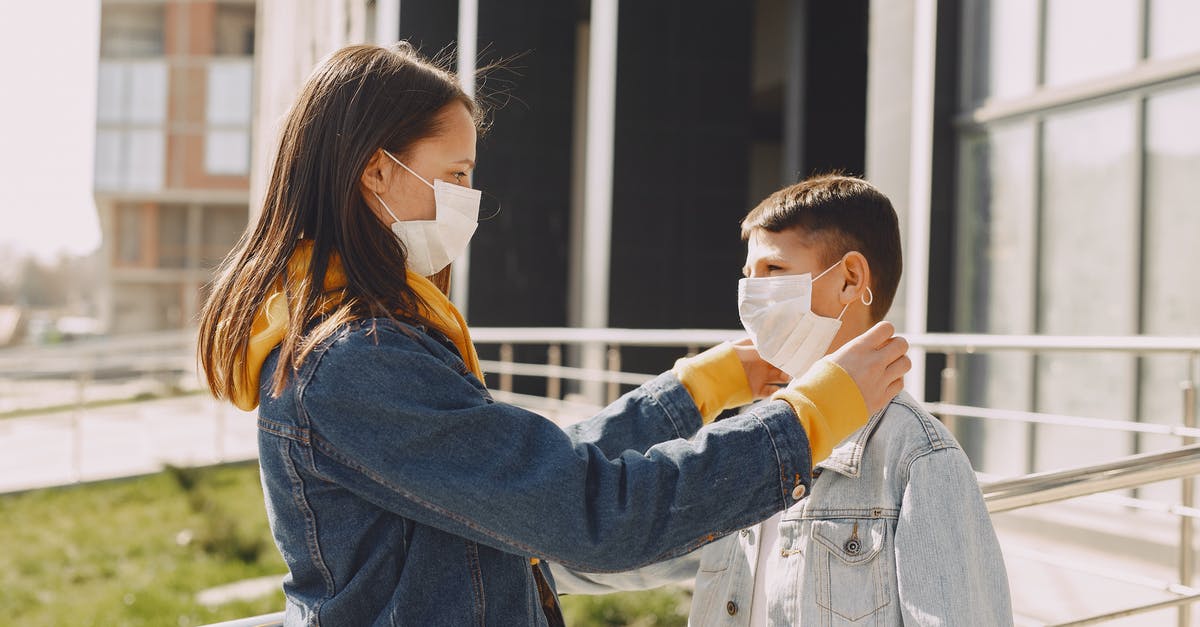 Help me fix my flatbread - Side view of children in casual outfit and protective masks standing in front of each other while girl fixing protective mask on boy face Help me fix my flatbread - Side view of children in casual outfit and protective masks standing in front of each other while girl fixing protective mask on boy face