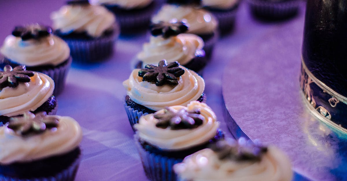 Homemade double/heavy cream separates after setting in the fridge - Chocolate muffins with cream served on festive table Homemade double/heavy cream separates after setting in the fridge - Chocolate muffins with cream served on festive table