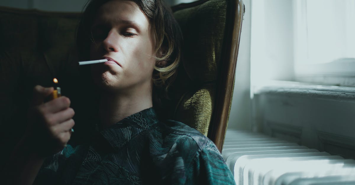 home-made smoker - Young guy lighting cigarette and smoking while sitting in armchair near window at home