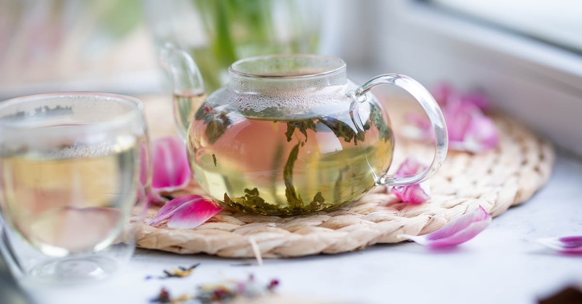 Hot water vs warm water for hot chocolate - Transparent teapot with loose leaf tea placed on wicker mat with petals on white windowsill with glass on blurred background Hot water vs warm water for hot chocolate - Transparent teapot with loose leaf tea placed on wicker mat with petals on white windowsill with glass on blurred background