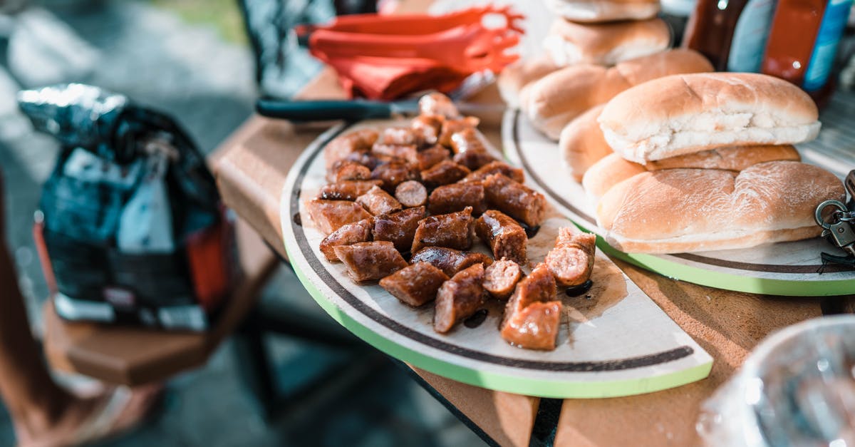 How can I improve my barbecue sauce recipe? - Appetizing fried meat on plate and package with coal on blurred background of products
