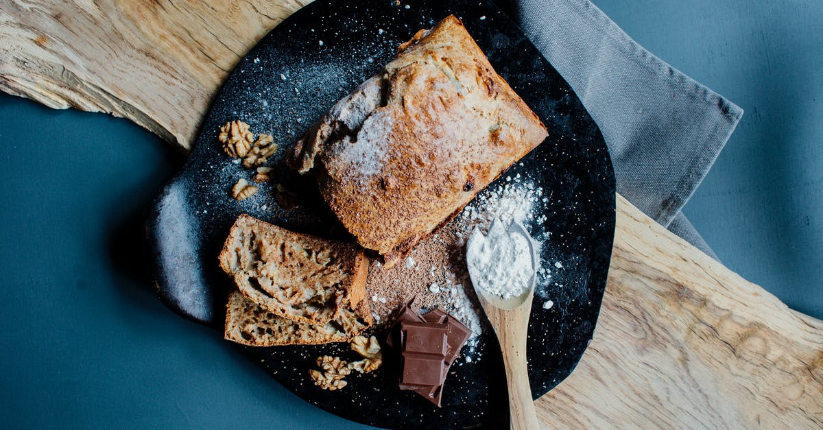 How do you cook margarine with brown sugar without separating? - Top view of appetizing cake bread served on plate with walnuts and chocolate bar and decorated with sugar powder How do you cook margarine with brown sugar without separating? - Top view of appetizing cake bread served on plate with walnuts and chocolate bar and decorated with sugar powder