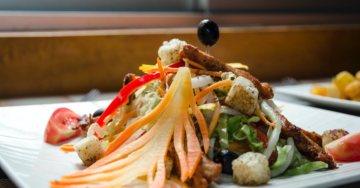 How should chicken breasts for a chicken salad be cooked? - Appetizing healthy salad with fresh vegetables and fried chicken decorated with black olives and served in white plate How should chicken breasts for a chicken salad be cooked? - Appetizing healthy salad with fresh vegetables and fried chicken decorated with black olives and served in white plate