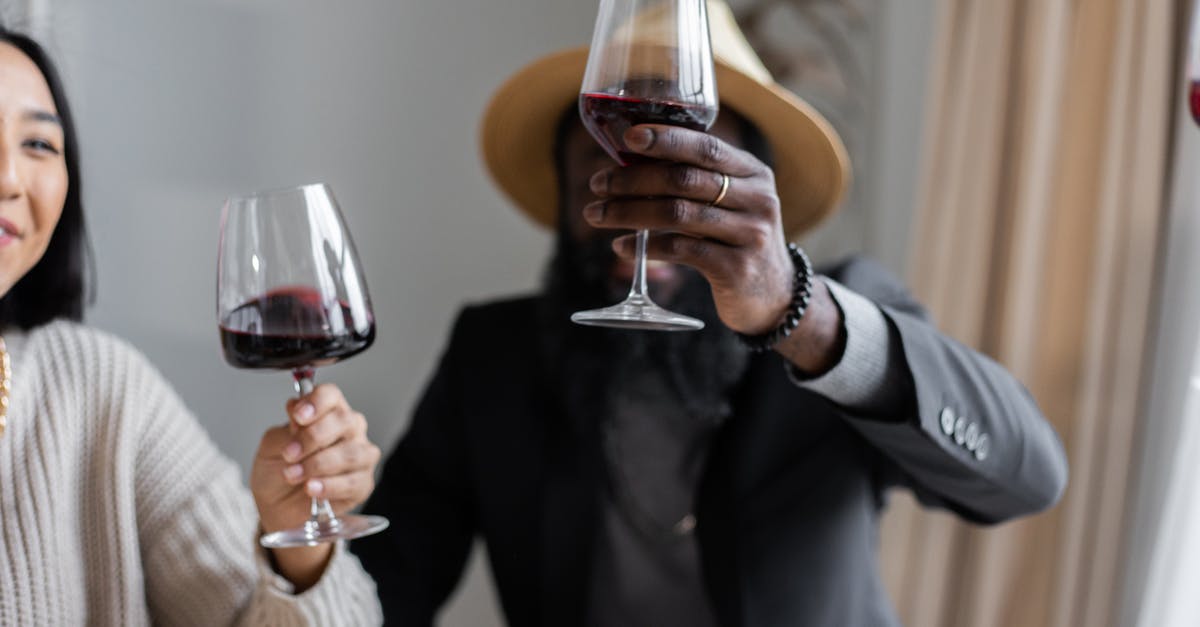 How to determine the alcohol content of a mixed-drink? - Positive multiracial couple making toast while drinking wine in glasses having festive dinner with guests at home