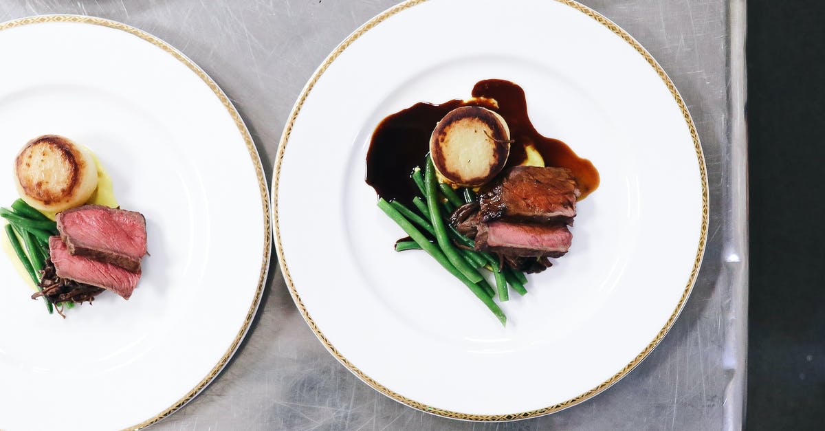 How to differentiate a ceramic pan from a teflon one? - Top view of cut roasted meat near pan fried polenta and green beans with sauce on white plates on table in light restaurant How to differentiate a ceramic pan from a teflon one? - Top view of cut roasted meat near pan fried polenta and green beans with sauce on white plates on table in light restaurant