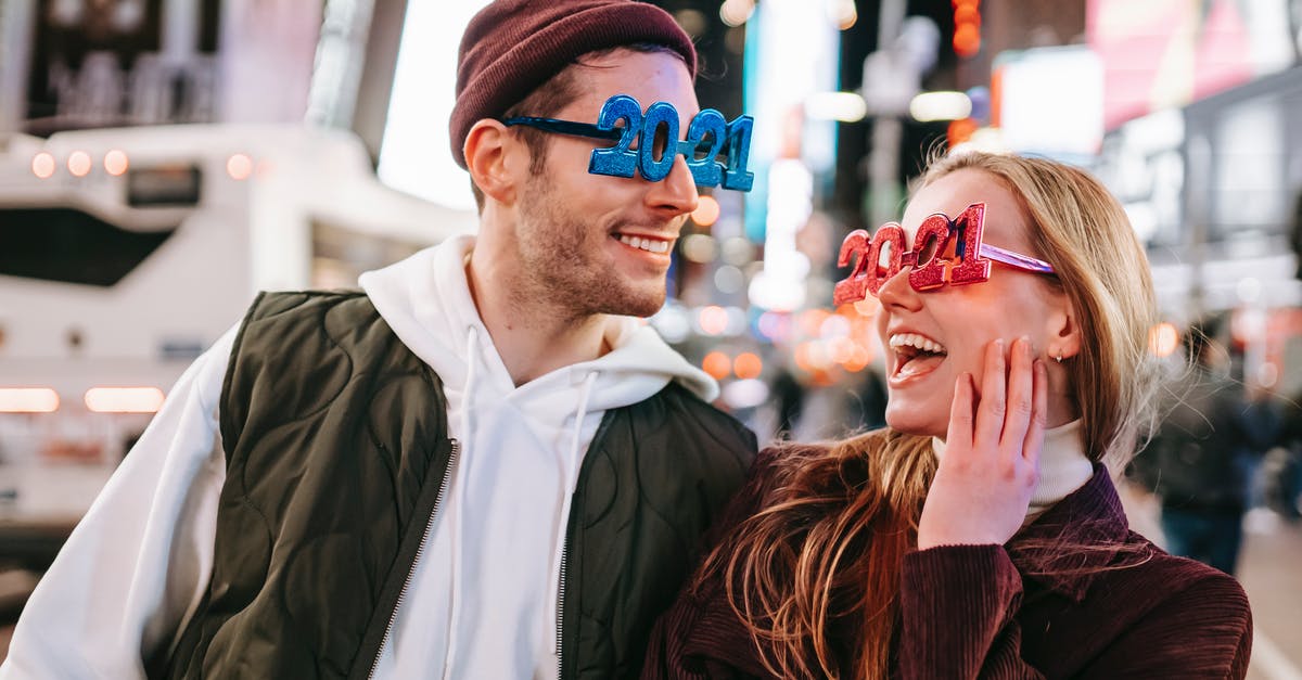 How to evenly spread butter in each square of a waffle? - Smiling couple wearing decorated 2021 glasses looking at each other while standing on street with illuminated buildings on blurred background How to evenly spread butter in each square of a waffle? - Smiling couple wearing decorated 2021 glasses looking at each other while standing on street with illuminated buildings on blurred background