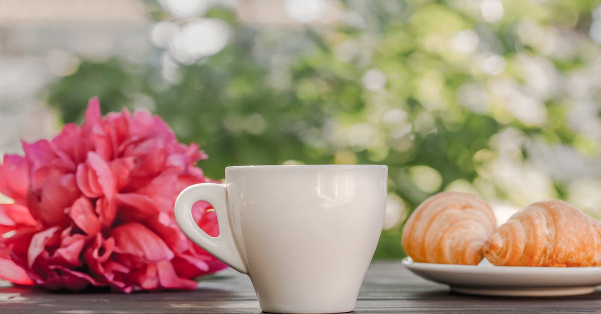 How to make a dessert with dynamically opening flower petals? - Coffee cup with croissants served on table near peonies in green garden in sunlight How to make a dessert with dynamically opening flower petals? - Coffee cup with croissants served on table near peonies in green garden in sunlight